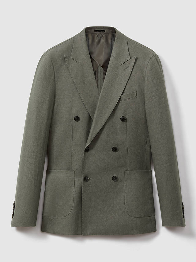 Reiss Halgas Double Breasted Linen Blazer, Dark Sage