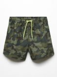 Mango Kids' Militar Camouflage Print Swim Shorts, Medium Green