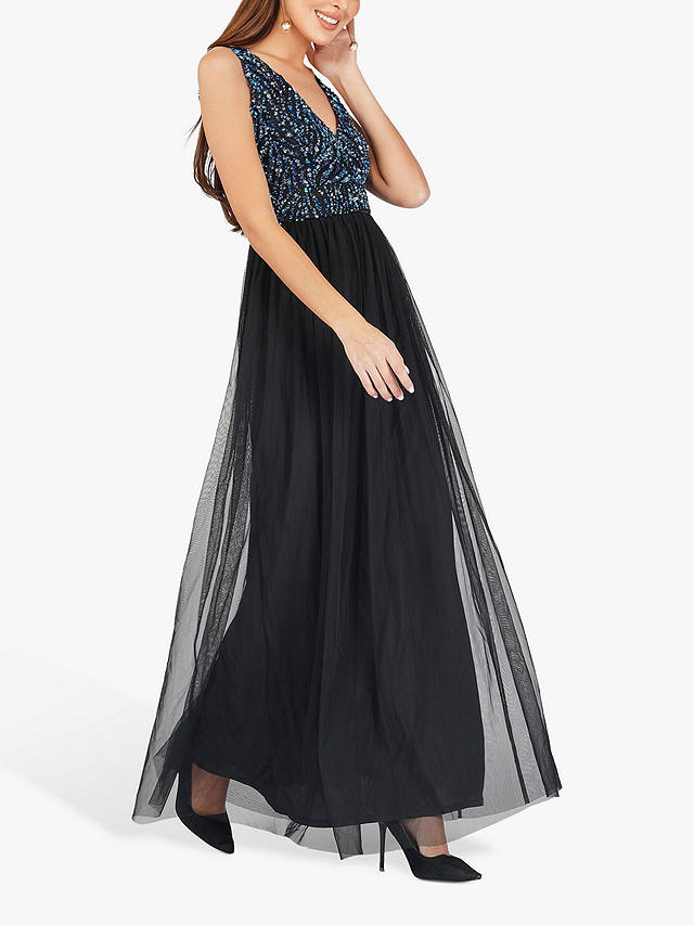 Lace & Beads Ada Embellished Layered Mesh Maxi Dress, Black
