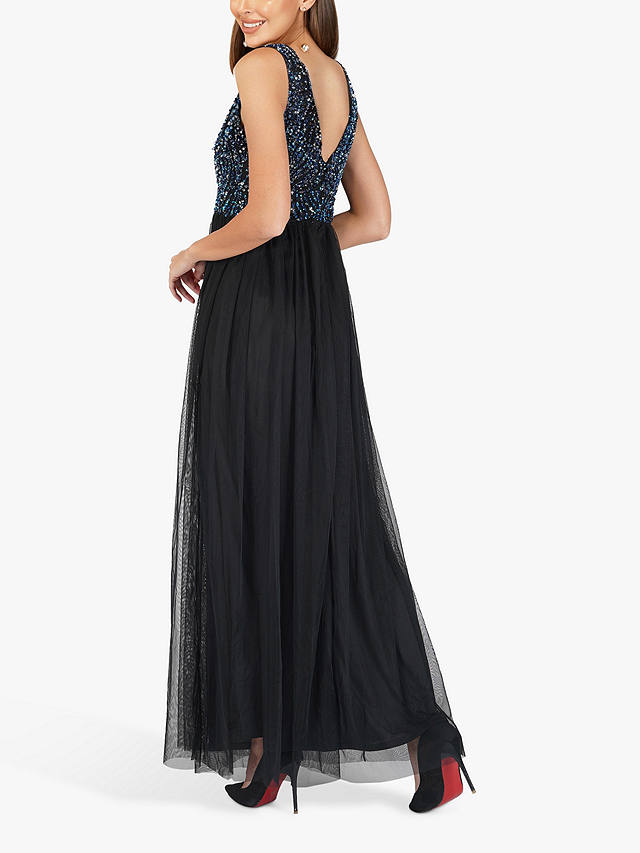 Lace & Beads Ada Embellished Layered Mesh Maxi Dress, Black