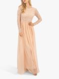 Lace & Beads Belle Embellished Long Sleeve Mesh Maxi Dress, Pink Blush