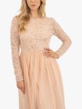 Lace & Beads Belle Embellished Long Sleeve Mesh Maxi Dress, Pink Blush