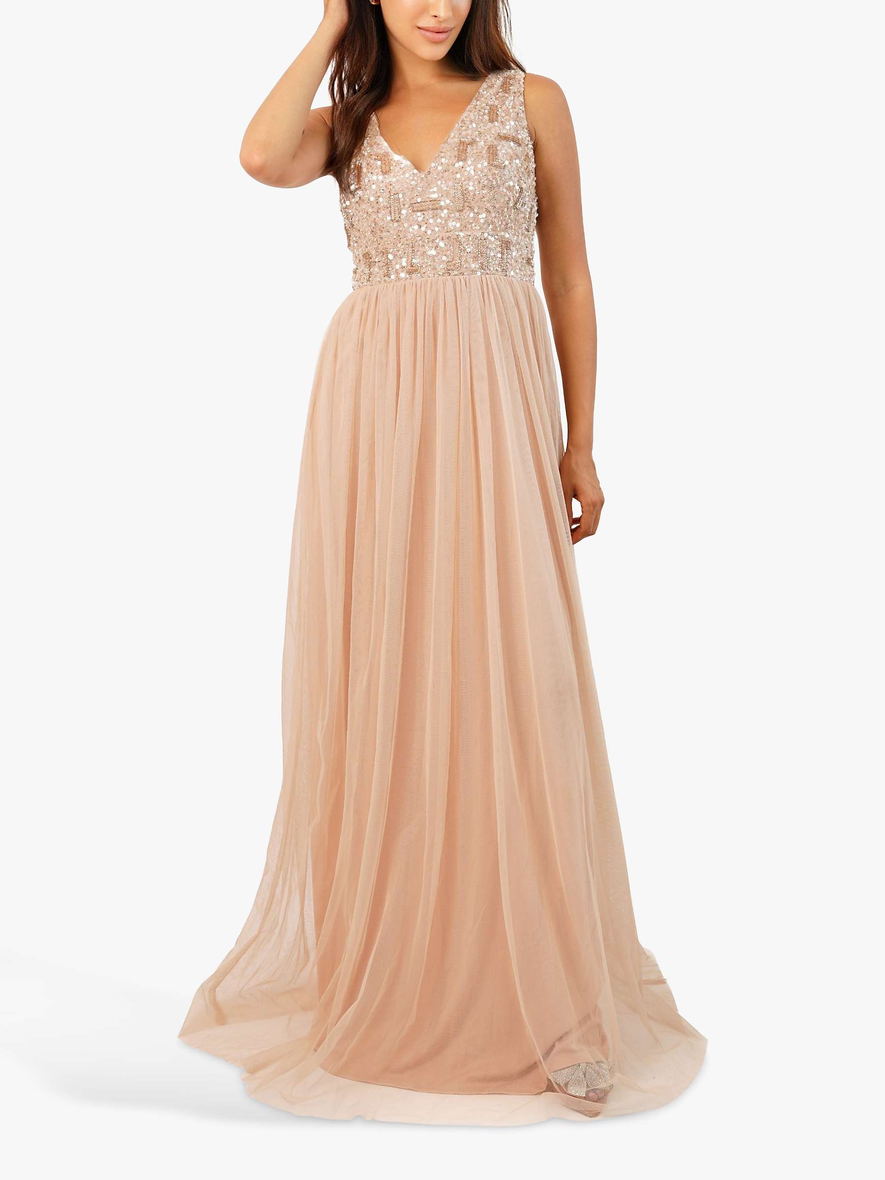 Buy Lace & Beads Aurora Embellished Layered Mesh Maxi Dress, Nude Online at johnlewis.com