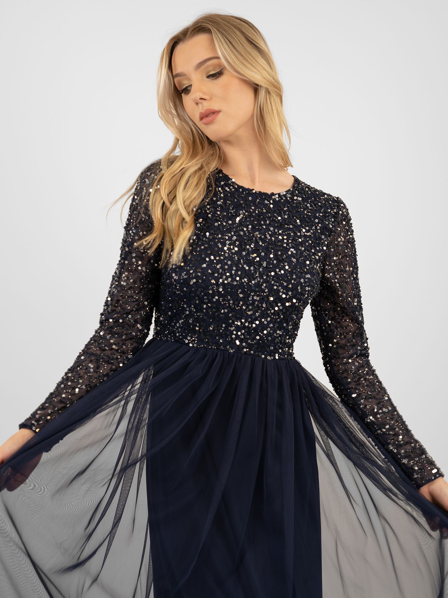 Buy Lace & Beads Belle Embellished Long Sleeve Mesh Maxi Dress Online at johnlewis.com