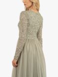 Lace & Beads Belle Embellished Long Sleeve Mesh Maxi Dress, Sage Green