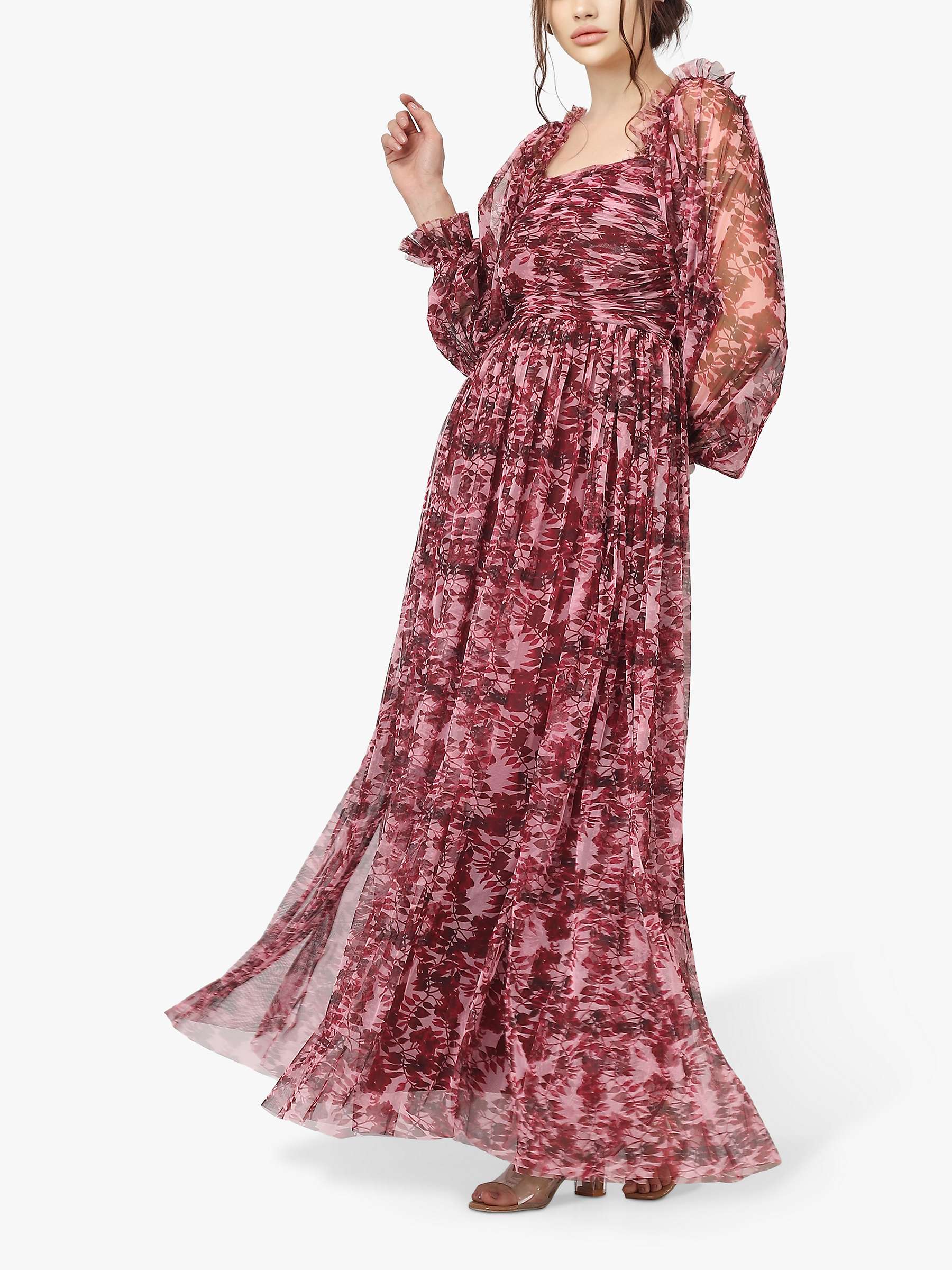 Buy Lace & Beads Lana Floral Print Mesh Maxi Dress, Burgundy/Pink Online at johnlewis.com