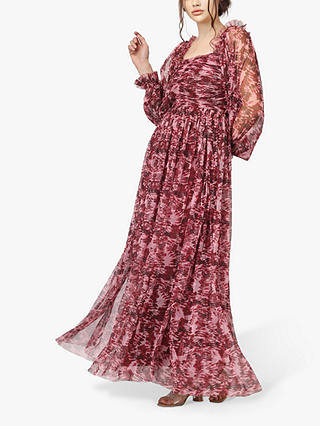 Lace & Beads Lana Floral Print Mesh Maxi Dress, Burgundy/Pink