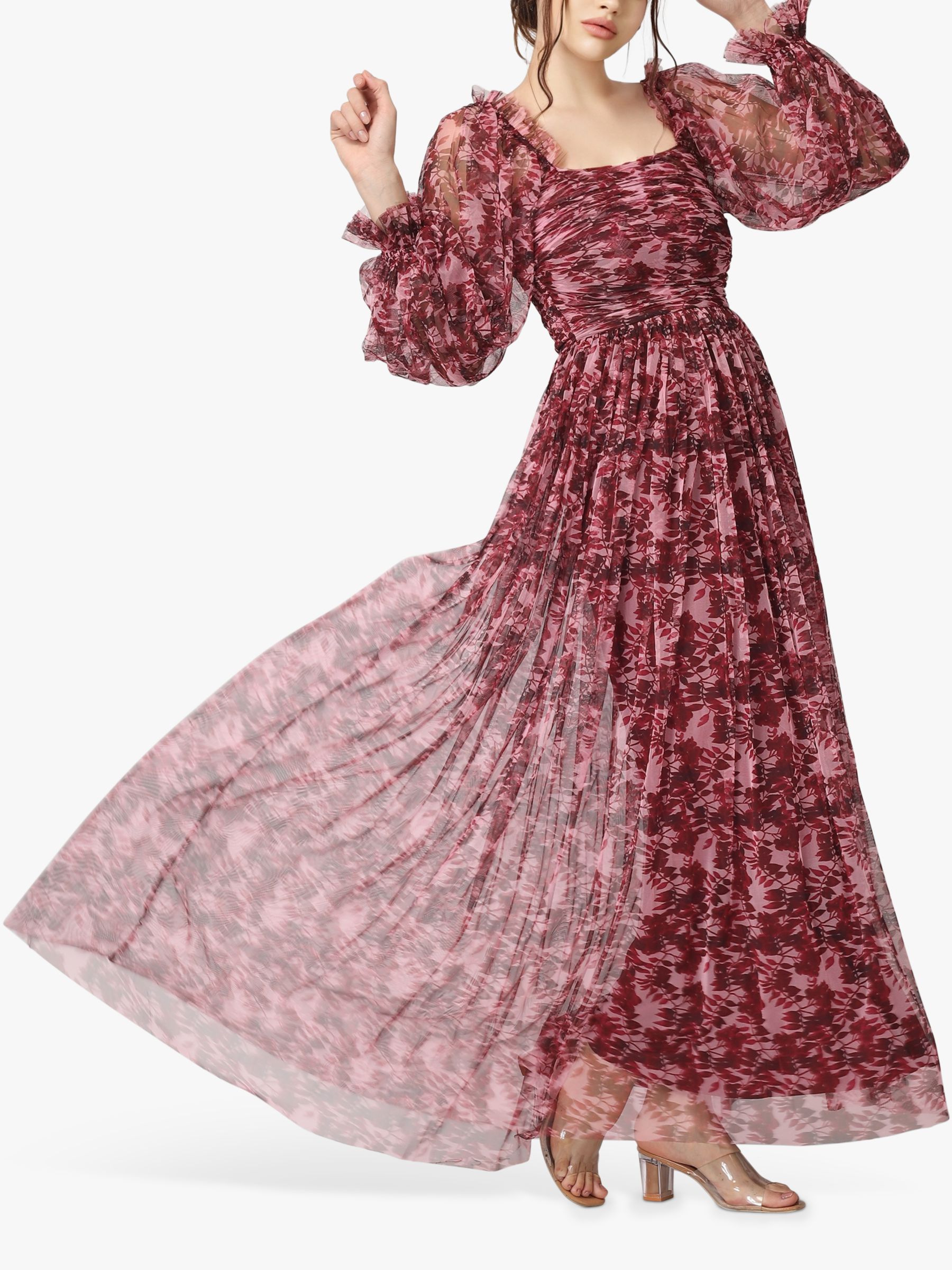 Lace & Beads Lana Floral Print Mesh Maxi Dress, Burgundy/Pink, 8