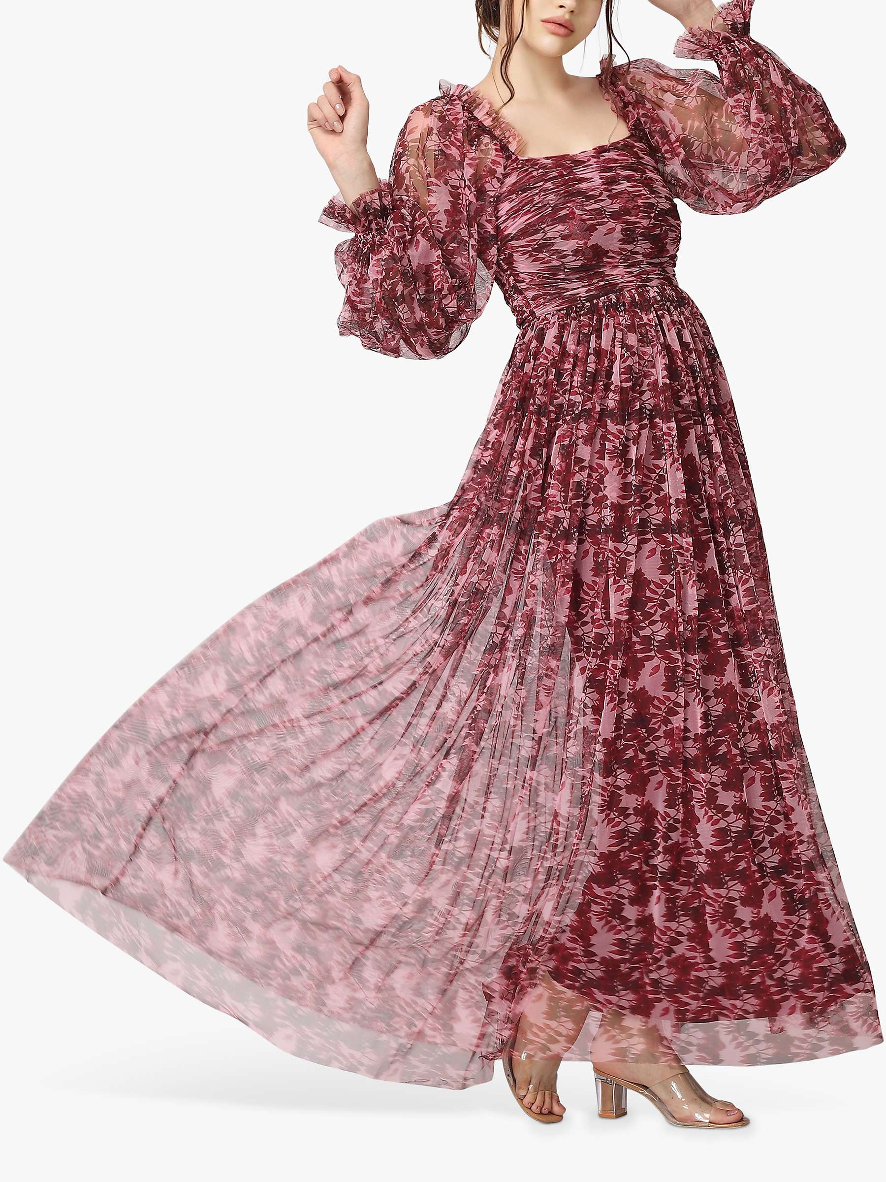 Buy Lace & Beads Lana Floral Print Mesh Maxi Dress, Burgundy/Pink Online at johnlewis.com