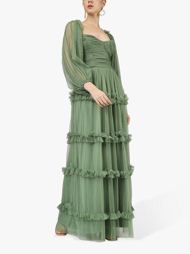 Lace & Beads Rendi Mesh Maxi Dress, Olive Green
