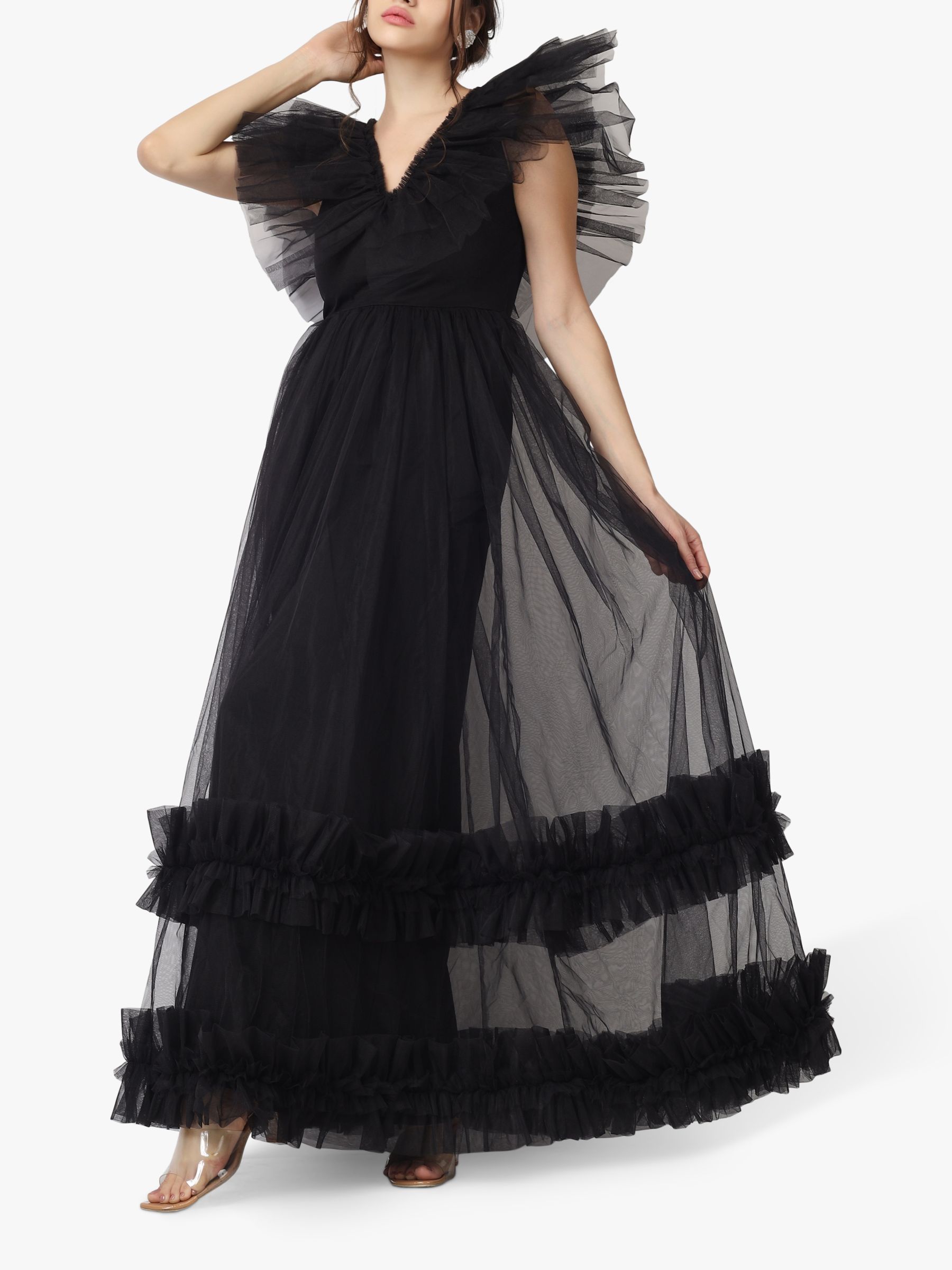 Lace & Beads Reina Layered Mesh Maxi Dress, Black, 8