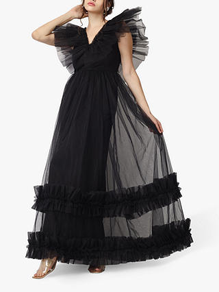Lace & Beads Reina Layered Mesh Maxi Dress, Black