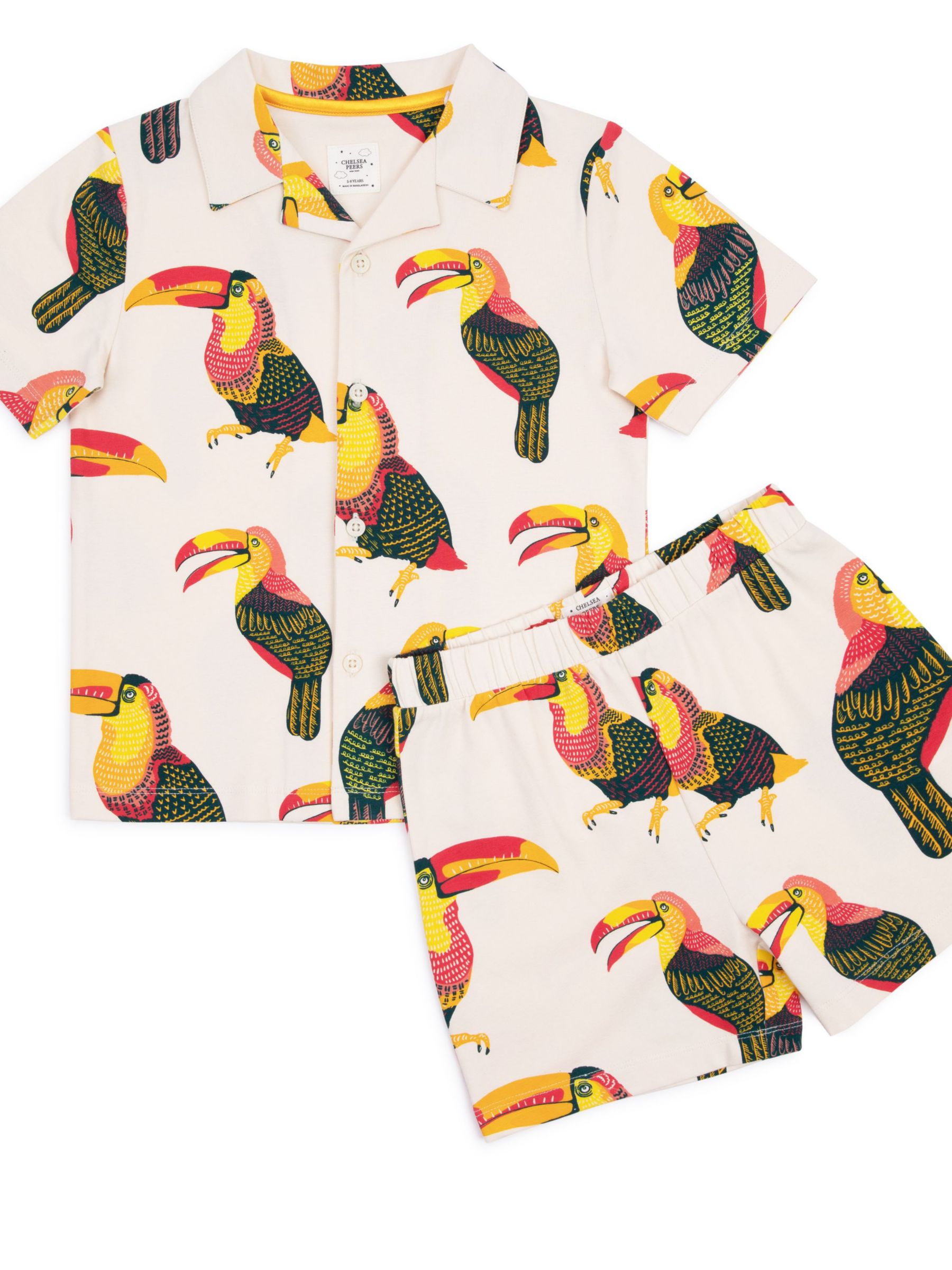 Chelsea Peers Kids' Organic Cotton Blend Toucan Print Short Pyjama Set, Off White/Multi, 1-2 years