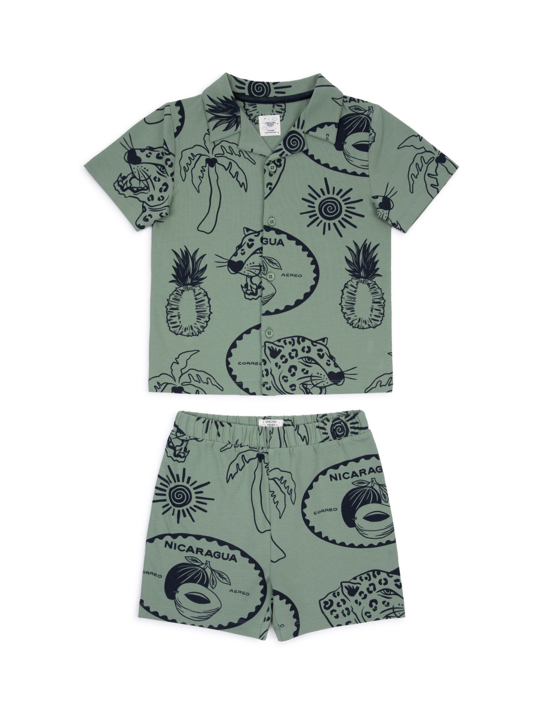Chelsea Peers Kids' Tropical Holiday Print Short Pyjama Set, Khaki, 1-2 years