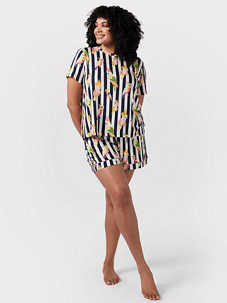 Chelsea Peers Curve Cockatiel Stripe Print Short Pyjama Set, Navy/Multi