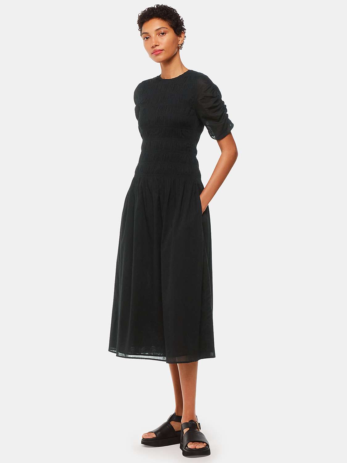 Buy Whistles Petite Avery Smocked Midi Dress, Black Online at johnlewis.com