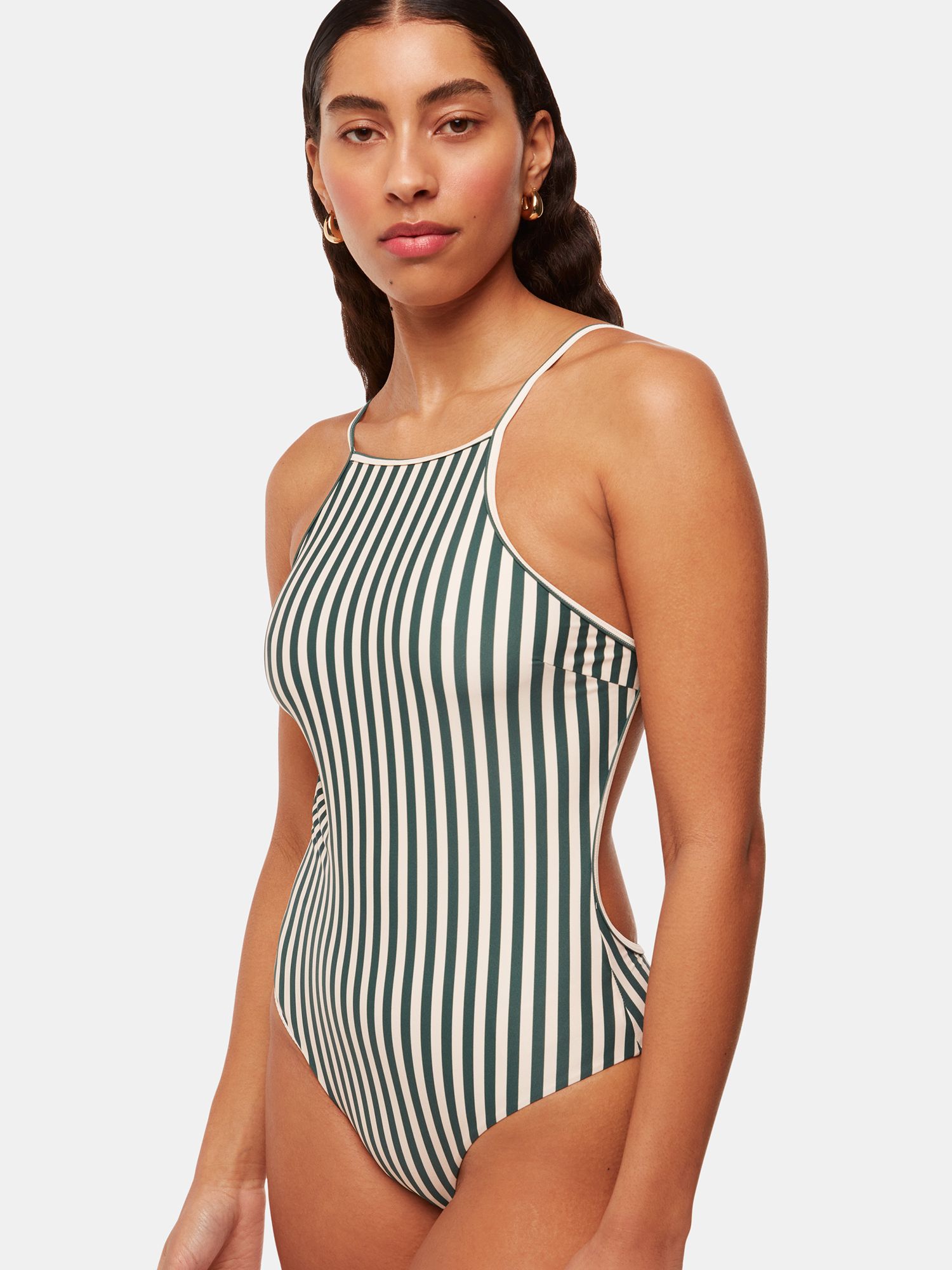 Whistles Striped Open Back Swimsuit, Green/White, 6