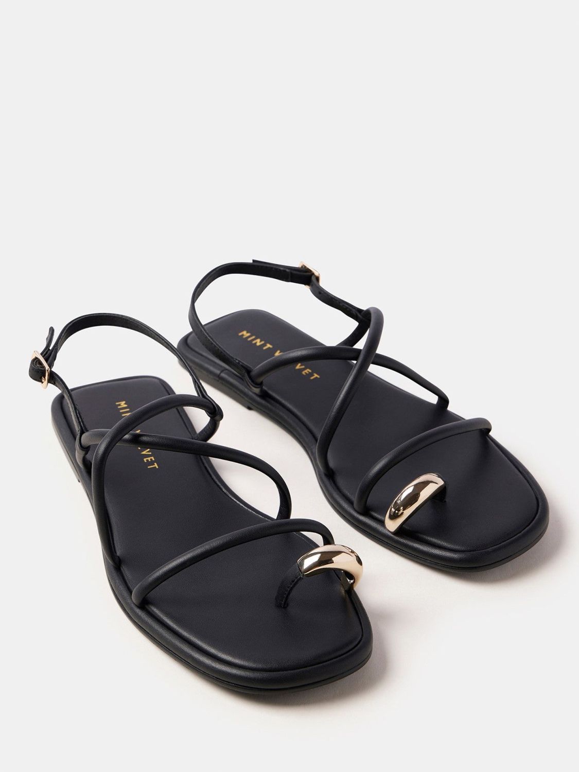 Mint Velvet Leather Strappy Flat Sandals, Black, 3