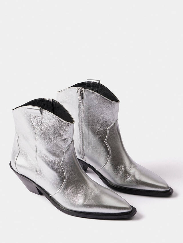 Mint Velvet Leather Cowboy Boots, Silver
