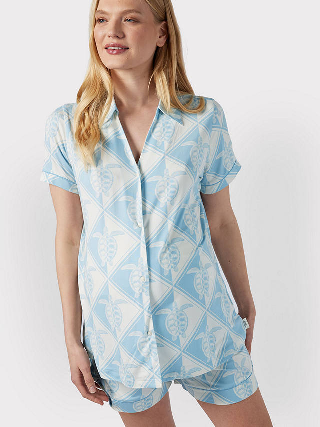 Chelsea Peers Maternity Tiled Turtle Print Short Pyjamas, Off White/Blue