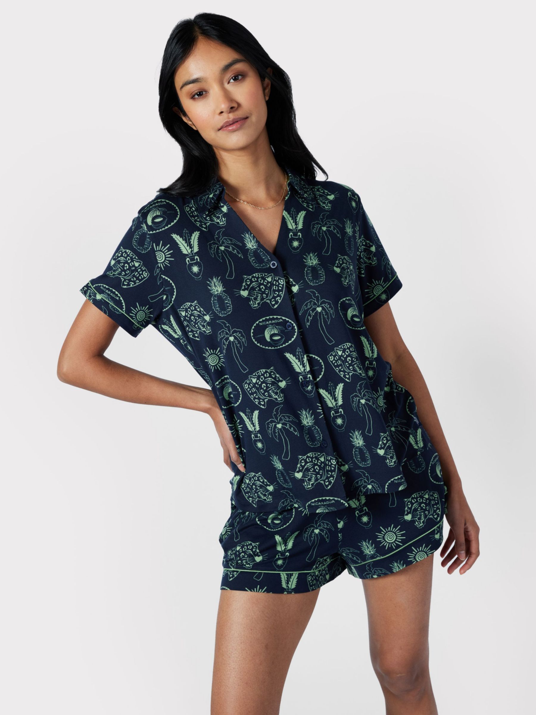 Chelsea Peers Tropical Holiday Print Short Pyjamas, Navy/Green, 6