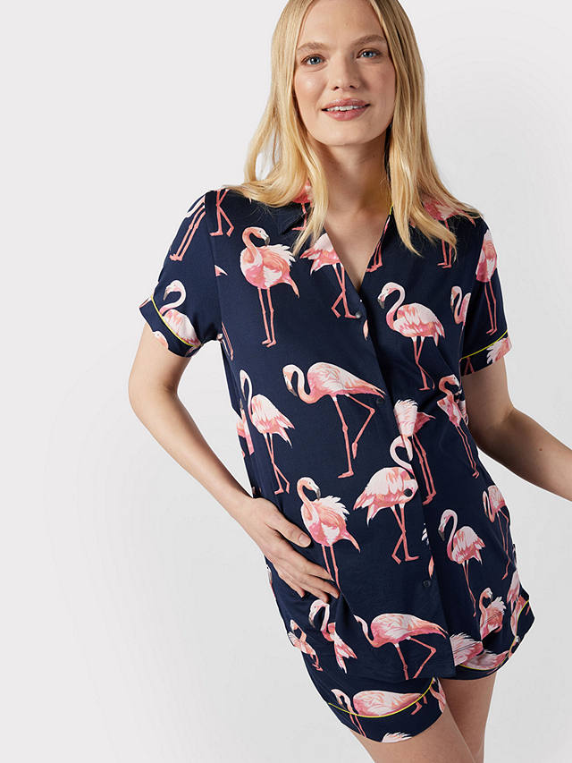 Chelsea Peers Maternity Flamingo Print Short Pyjama Set, Navy/Multi
