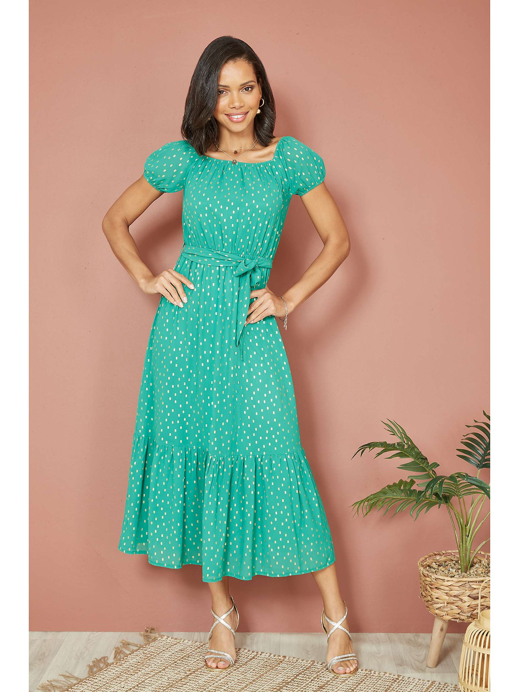 Buy Mela London Foil Print Bardot Midi Dress, Green Online at johnlewis.com