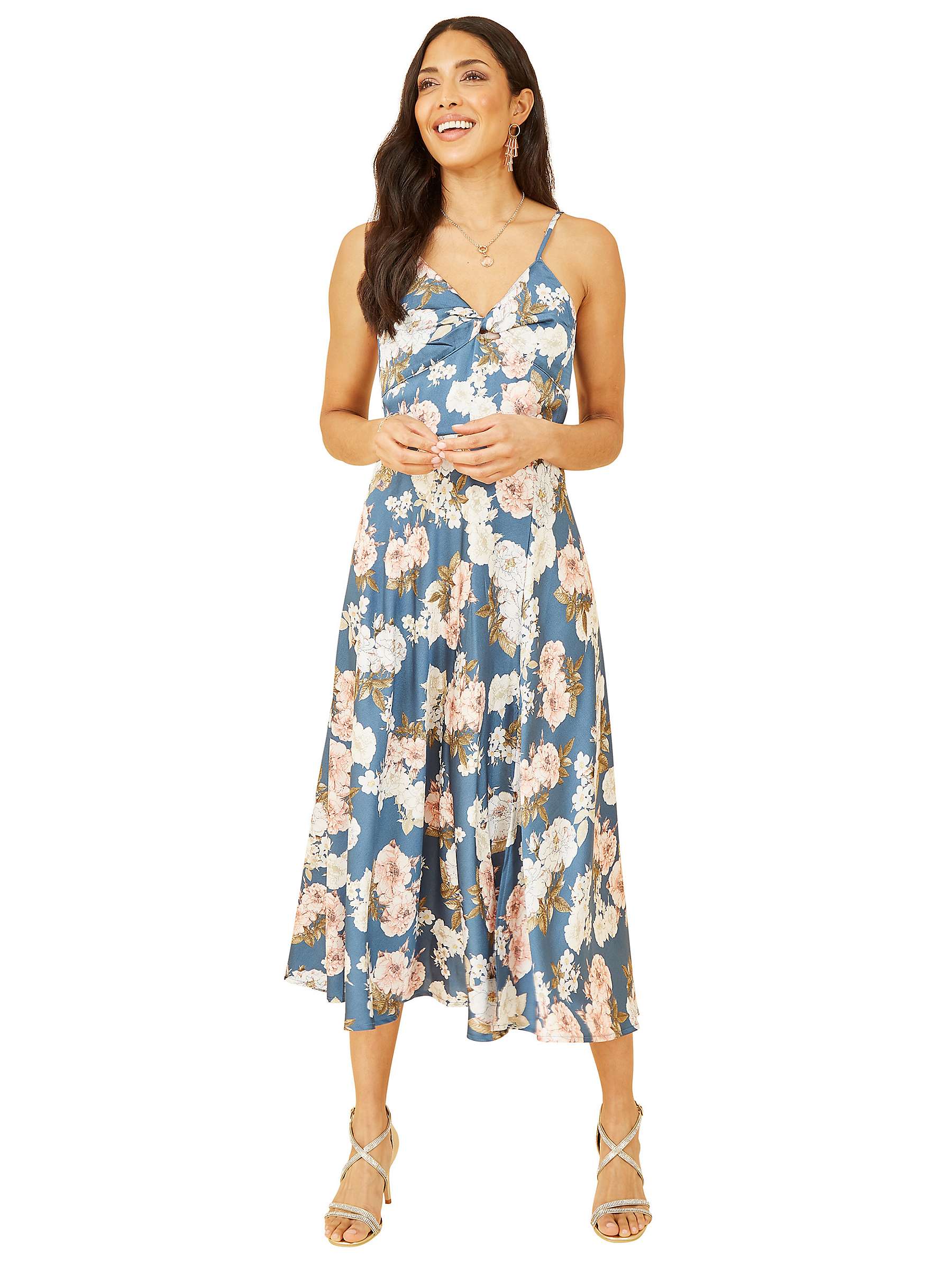 Buy Mela London Floral Satin Twist Front Midi Dress, Blue Online at johnlewis.com