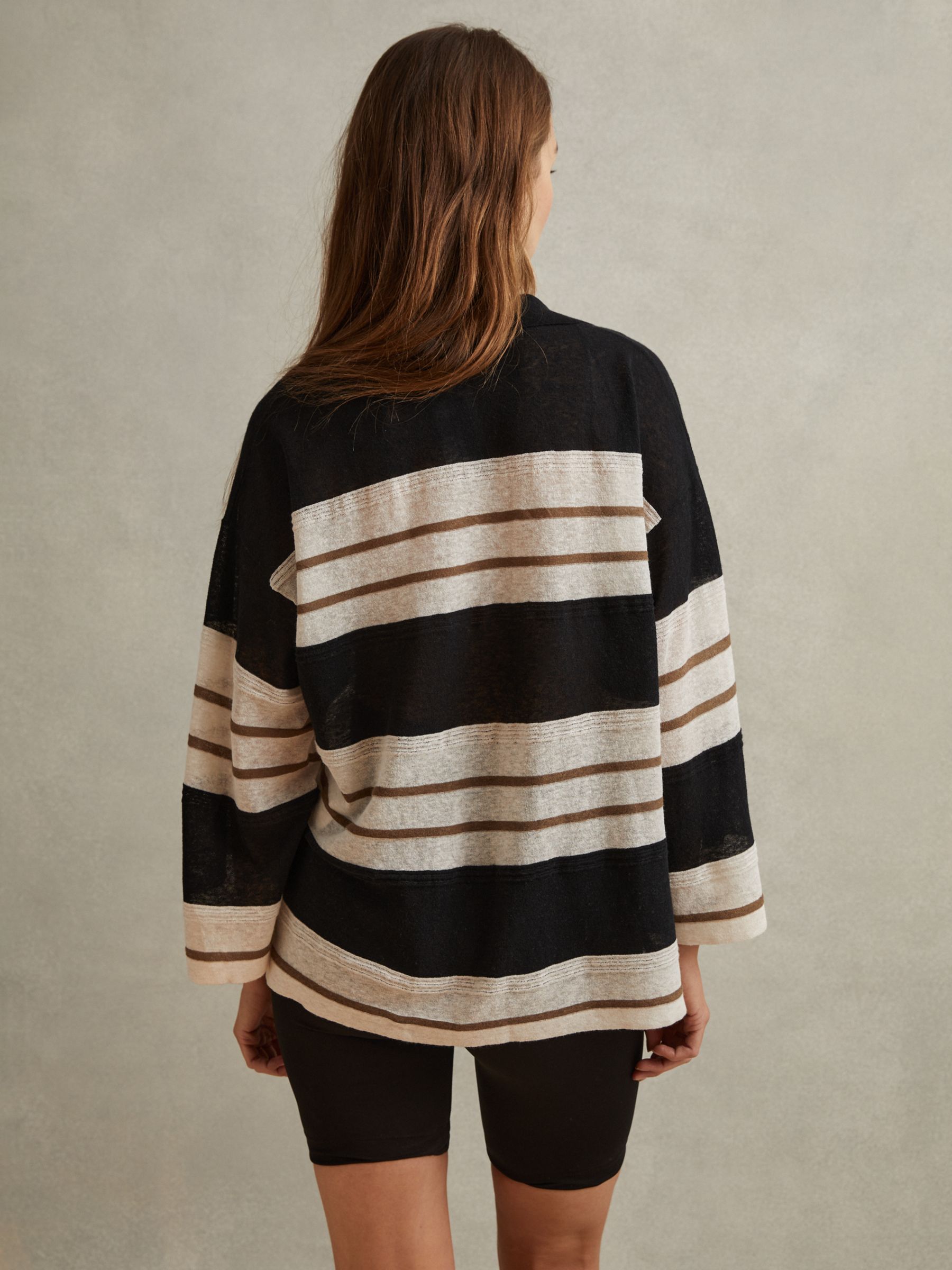 Reiss Chloe Striped Cotton Linen Blend Top, Black/Multi, XS