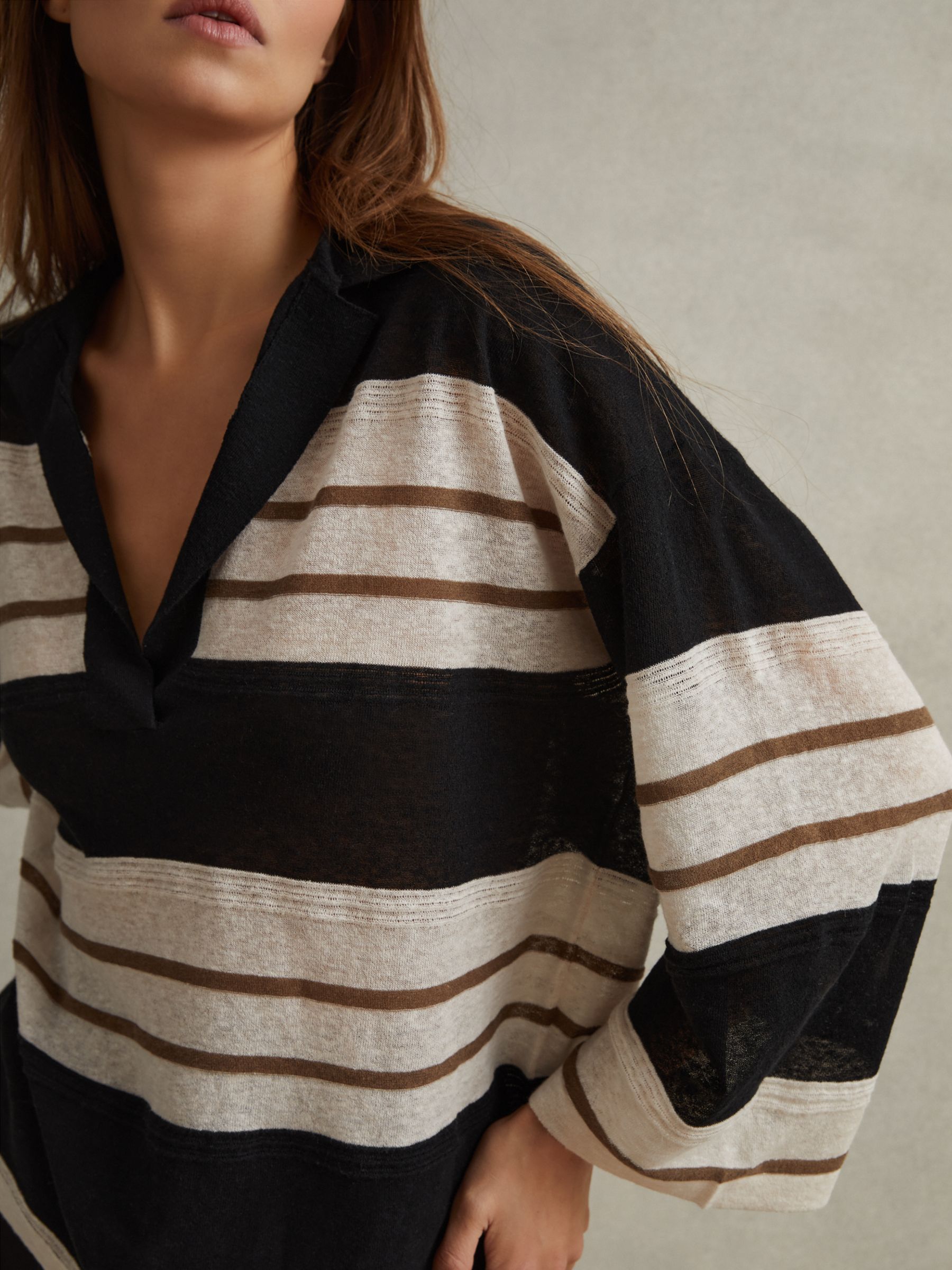 Reiss Chloe Striped Cotton Linen Blend Top, Black/Multi, XS