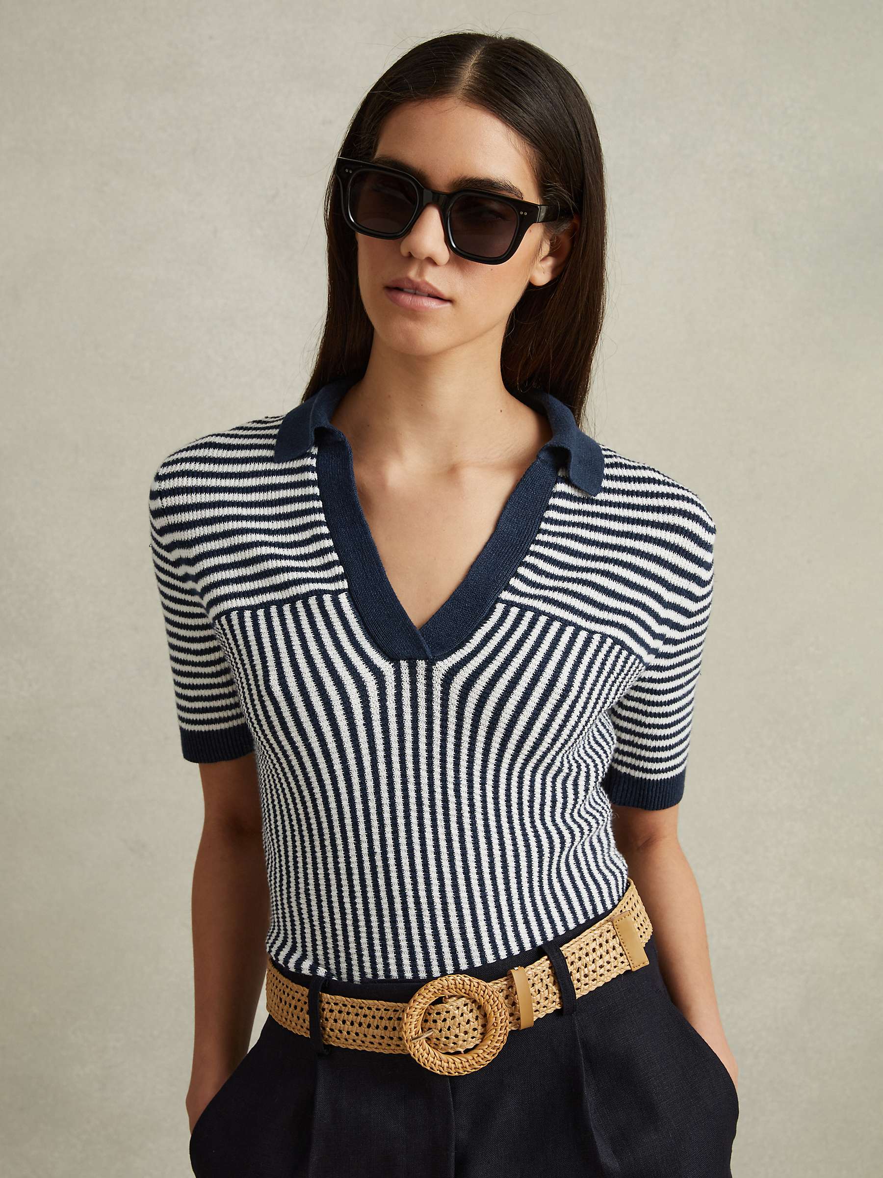 Buy Reiss Stevie Linen Blend Striped Polo Top, Navy/Ivory Online at johnlewis.com