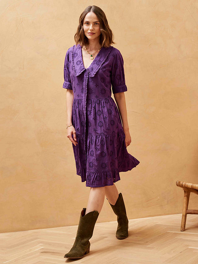 Brora Organic Cotton Broderie Anglaise Tiered Dress, Violet