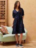 Brora Organic Cotton Broderie Anglaise Tiered Dress, Navy