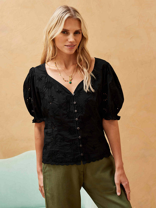 Brora Organic Cotton Broderie Anglaise Blouse, Black
