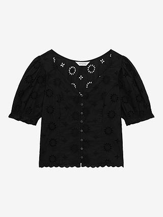 Brora Organic Cotton Broderie Anglaise Blouse, Black