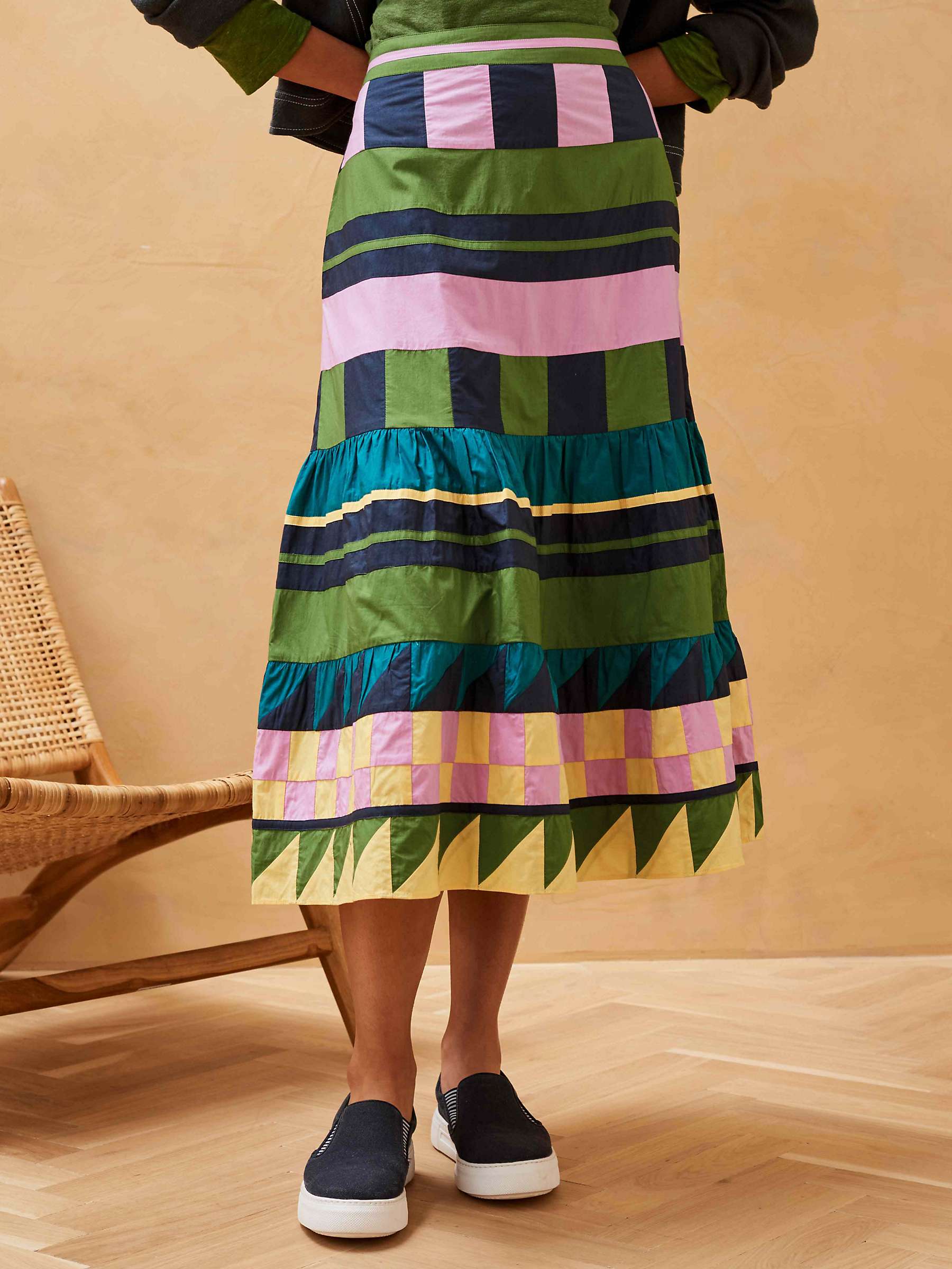 Buy Brora Cotton Colour Block Tiered Midi Skirt, Patchwork Online at johnlewis.com