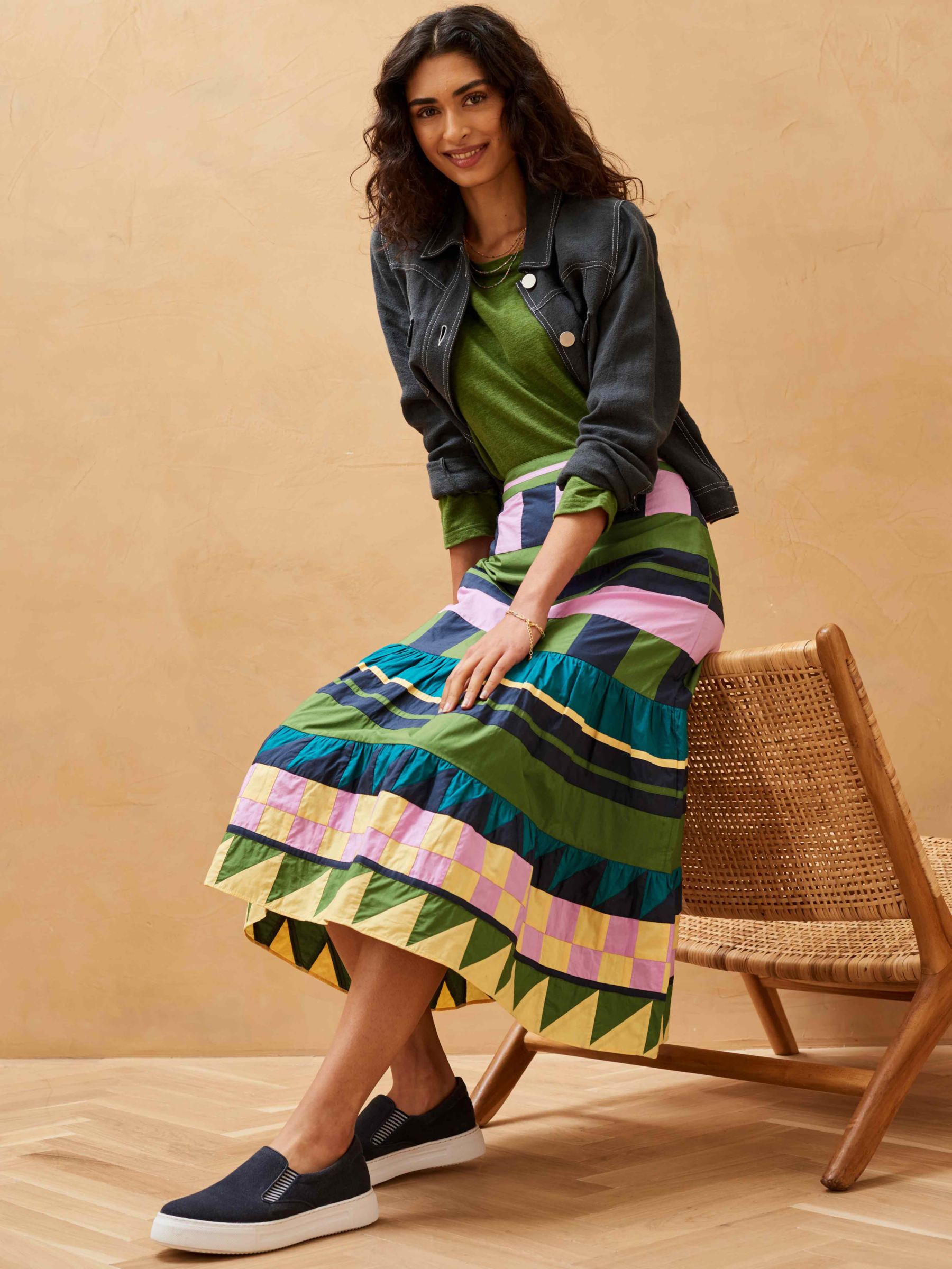 Buy Brora Cotton Colour Block Tiered Midi Skirt, Patchwork Online at johnlewis.com