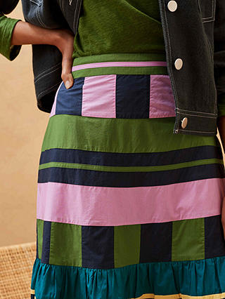 Brora Cotton Colour Block Tiered Midi Skirt, Patchwork