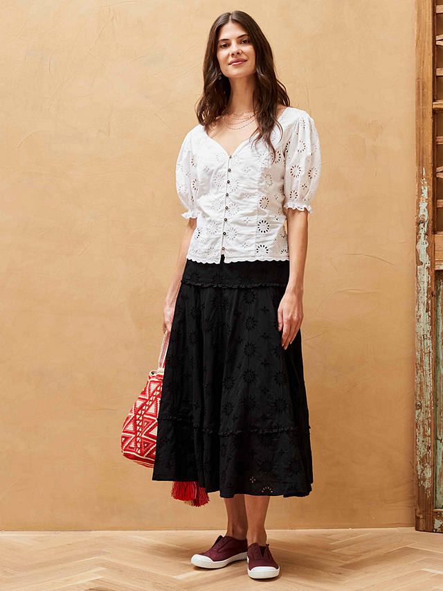 Brora Organic Cotton Broderie Anglaise Midi Skirt, Black