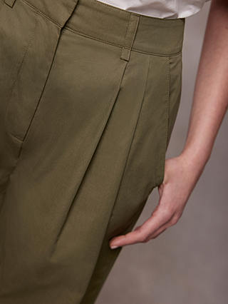 Mint Velvet Pleat Front Tapered Cotton Trousers, Khaki