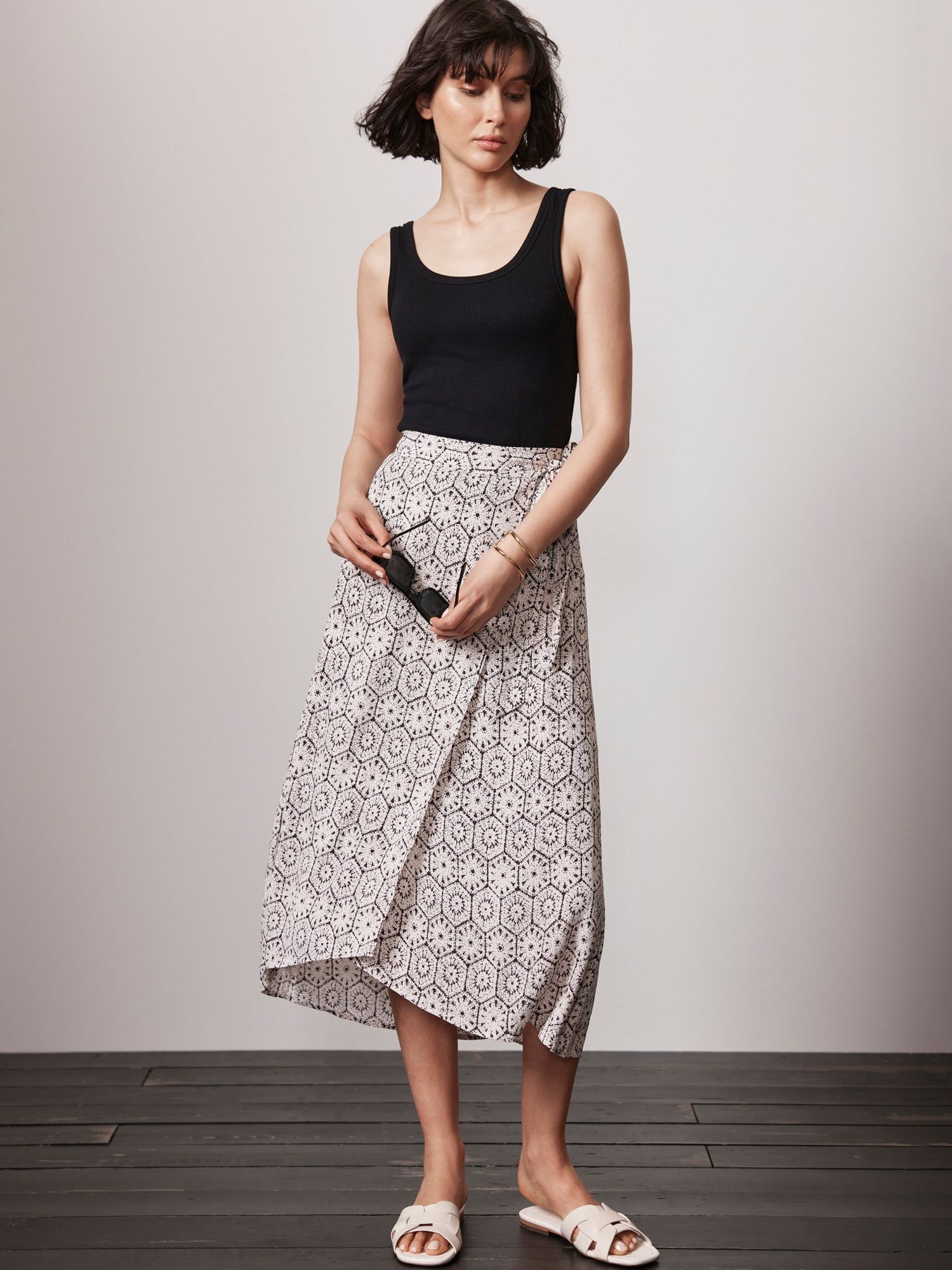 Mint Velvet Abstract Print Midi Wrap Skirt, Natural, S
