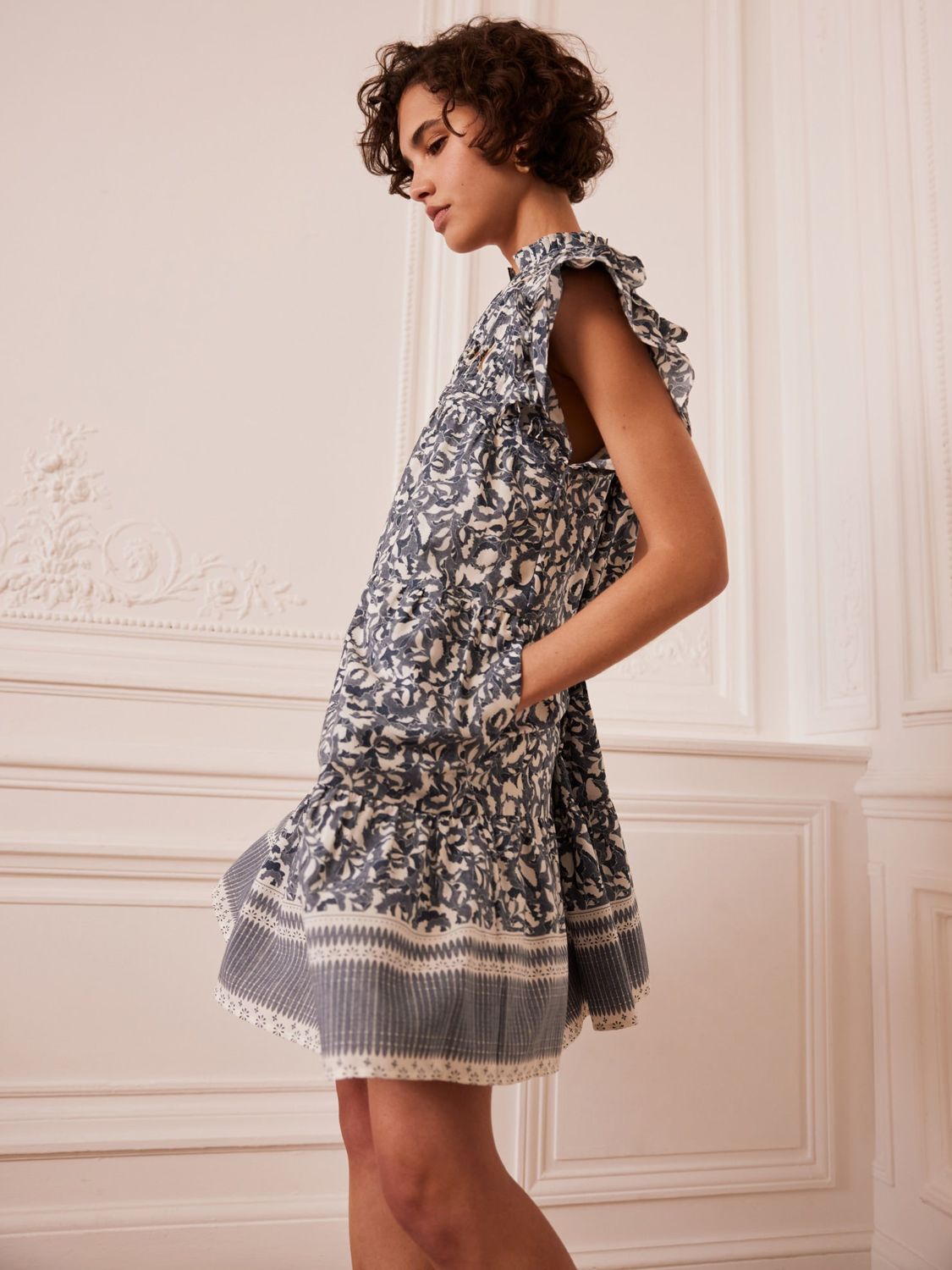 Mint Velvet Ruffle Sleeve Mini Smock Dress, Blue/Multi, XS