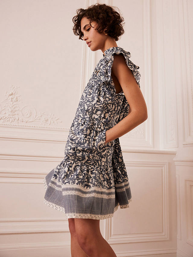 Mint Velvet Ruffle Sleeve Mini Smock Dress, Blue/Multi
