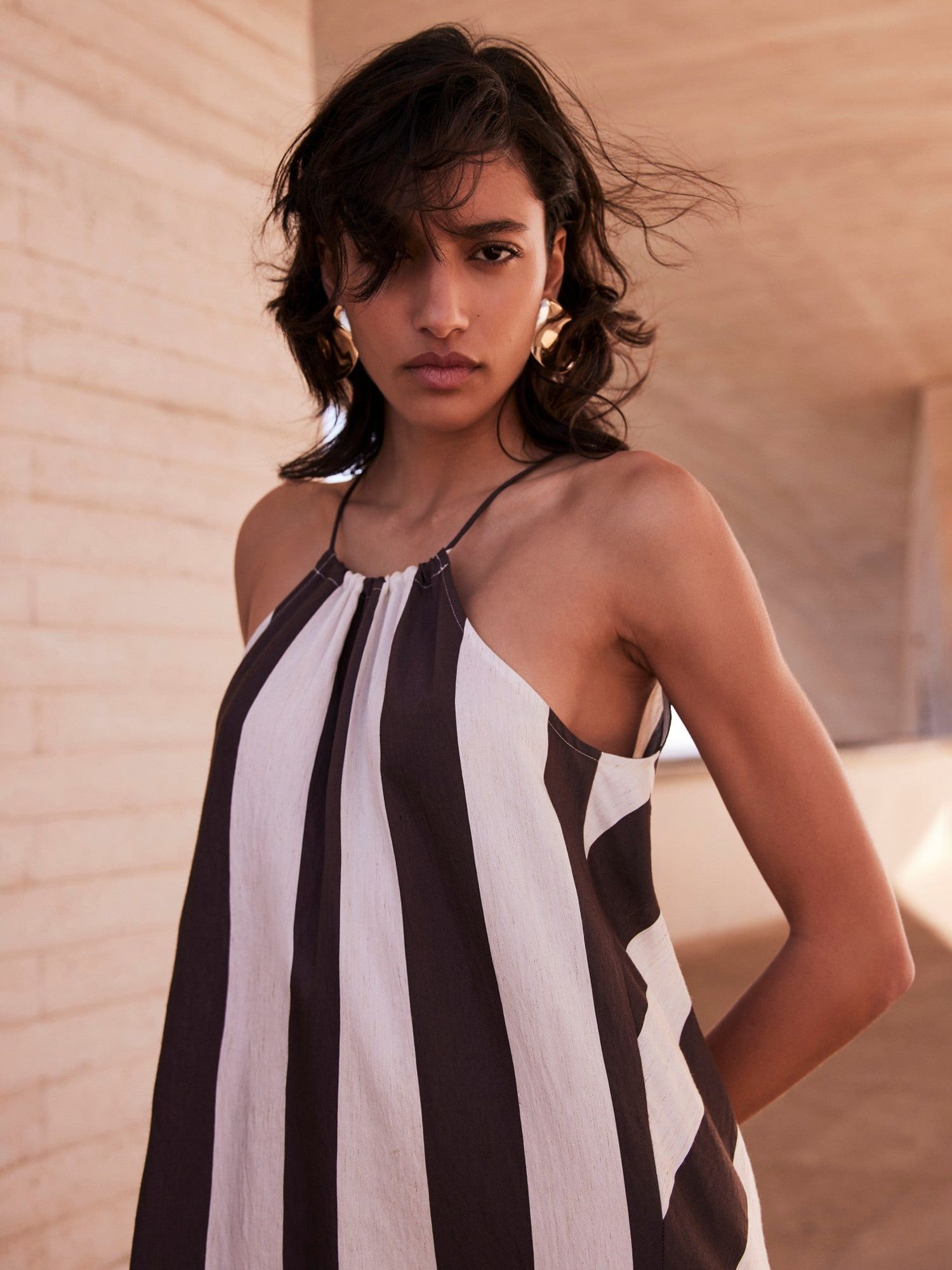 Mint Velvet Halterneck Linen Blend Stripe Maxi Dress, Dark Brown/White, XS