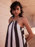 Mint Velvet Halterneck Linen Blend Stripe Maxi Dress, Dark Brown/White