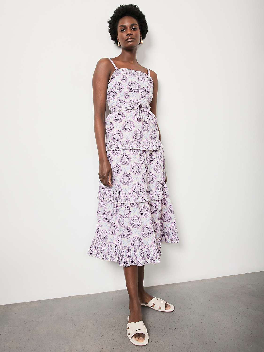 Buy Mint Velvet Floral Print Tiered Midi Dress, Purple/Multi Online at johnlewis.com