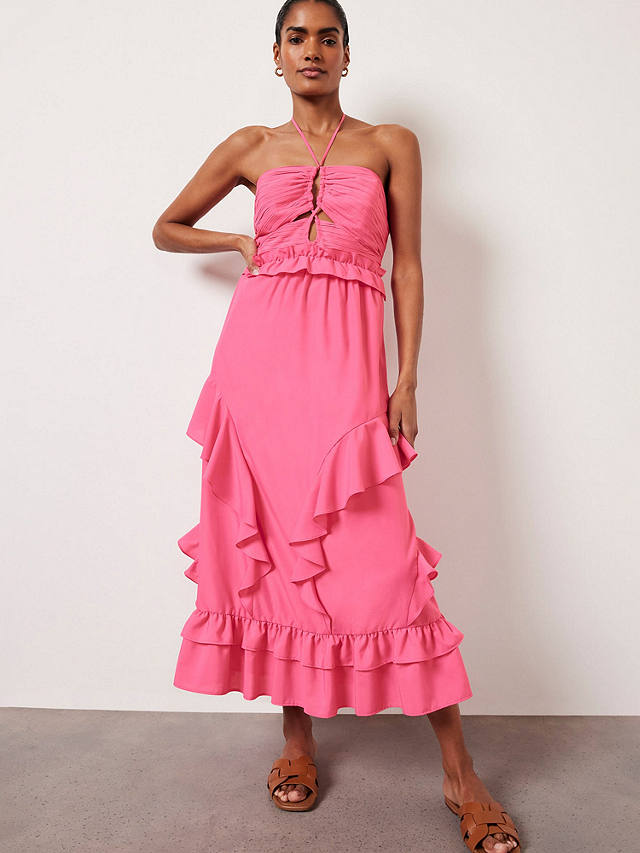 Mint Velvet Ruffle Halterneck Midi Dress, Pink