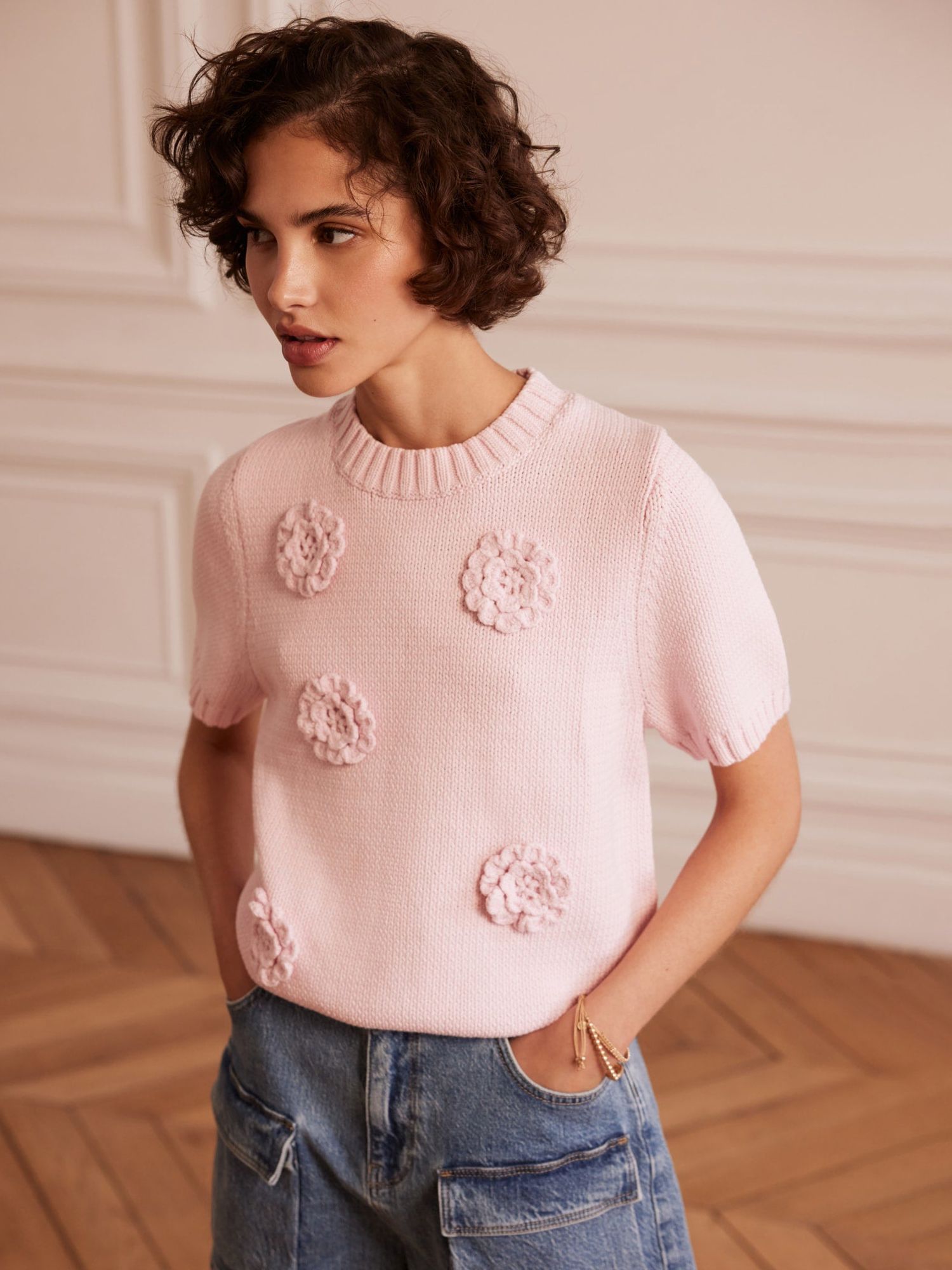 Buy Mint Velvet Flower Applique Knit T-Shirt, Pink Online at johnlewis.com