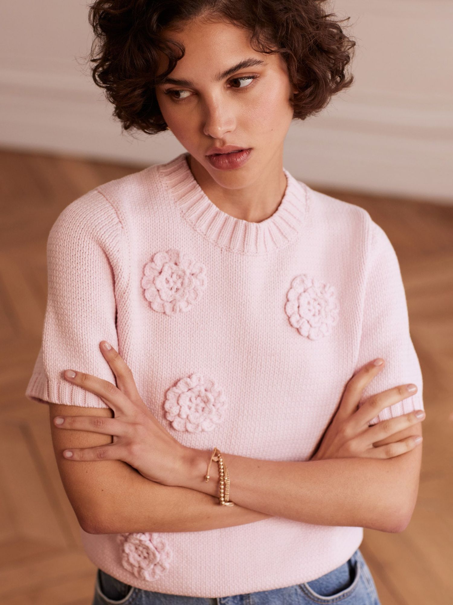 Buy Mint Velvet Flower Applique Knit T-Shirt, Pink Online at johnlewis.com