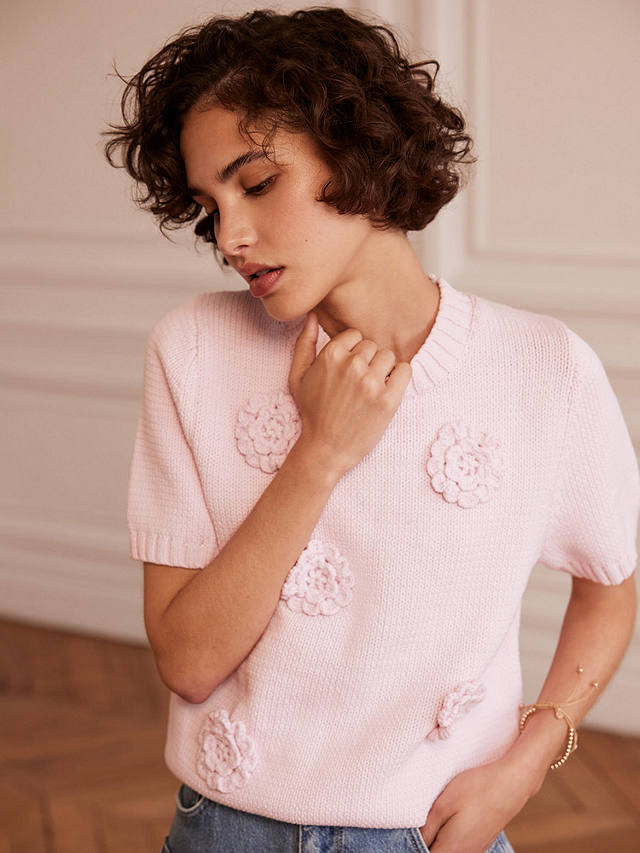 Mint Velvet Flower Applique Knit T-Shirt, Pink